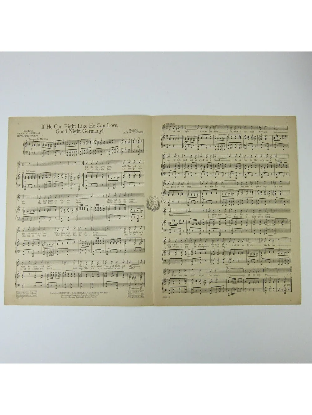 Sheet Music If He Can Fight Like He Can Love Good Night Germany WWI Antique 1918